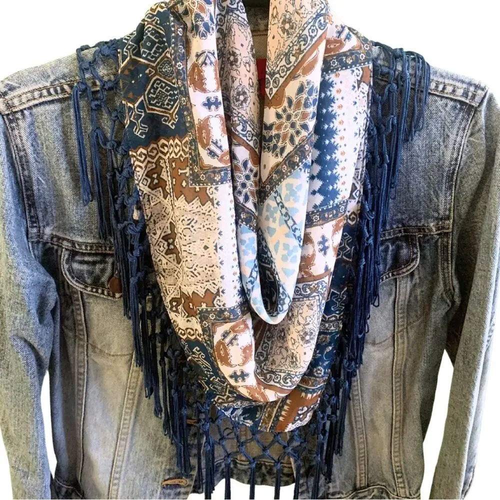 2/$30 Boho Western Teal Blue Tan Brown Print Bandana Neck Scarf Size XS Fringe